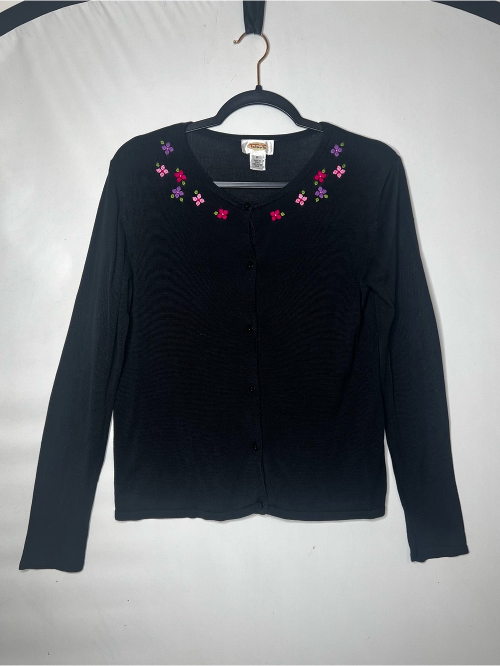 Talbots Cardigan Womens 12 Black Embroidered Floral Fairy Grunge 90s Whimsigoth